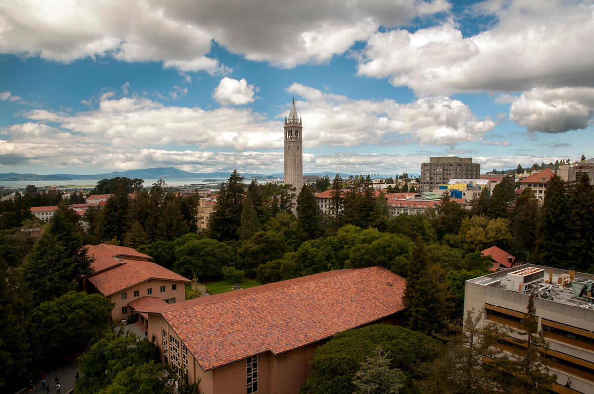 UC Berkeley campus with campanile at center and fluffy clouds in background