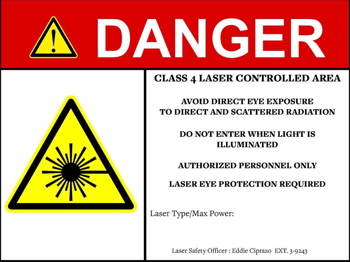 DANGER CLASS 4 LASER CONTROLLED AREA. AVOID DIRECT EYE EXPOSURE TO DIRECT AND SCATTERED RADIATION