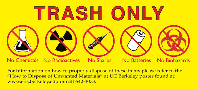 trash only. no chemicals. no radioactives. no sharps. no batteries. no biohazards. 